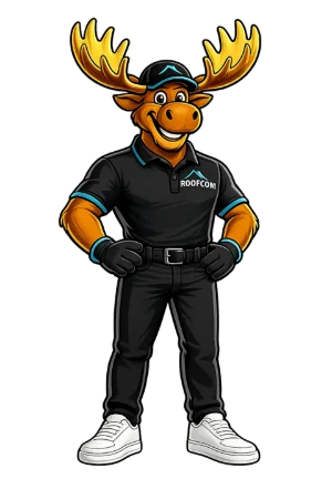 The Roofcom moose mascot in a Roofcom polo and cap