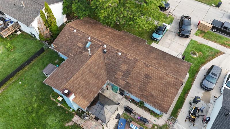 Brown shingle roof from above