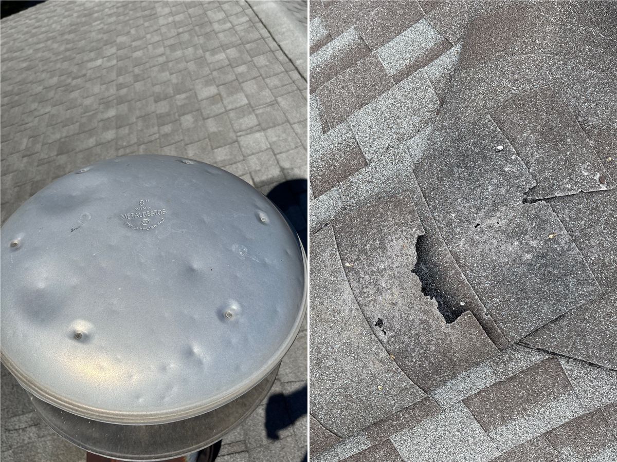 Hail dents on a roof vent cap and a torn, lifted shingle found during a Roofcom storm inspection